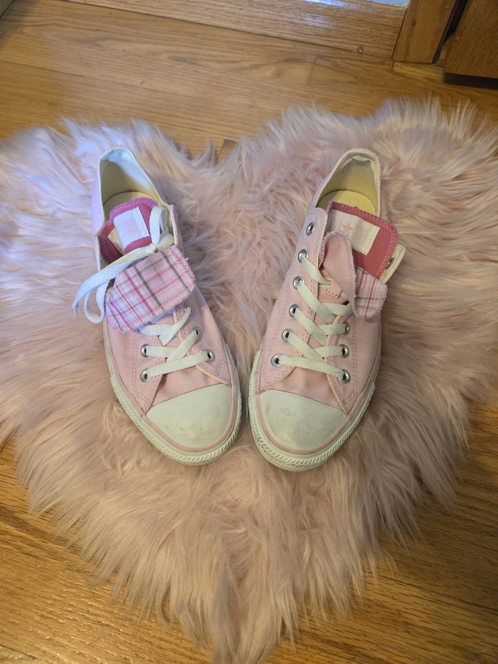 Converse Pink Low-Top Canvas Sneakers with Plaid Tongue Detail